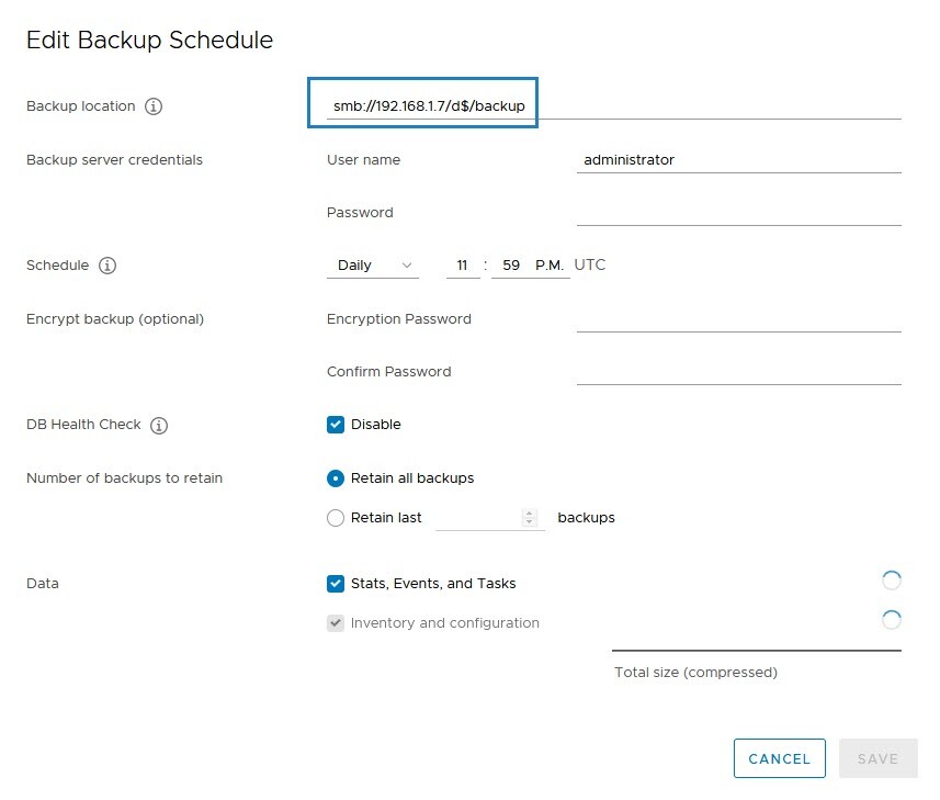 Enter the path to the backup server
